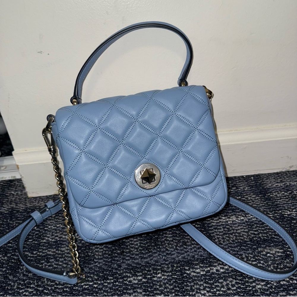 Kate Spade Natalia Dusty Blue & Silver, Smooth Quilted, Square Crossbody Bag